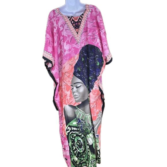 Nwt Goddess By Winlar Pink And Color African Woman Print Kaftan One Size - Picture 4 of 5